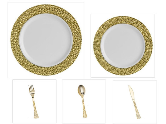 Hammered Collection White w/Gold Hammered Border China-Like Plastic 9" Dinner Plates + 7" Salad Plates + Cutlery *Party for 120*