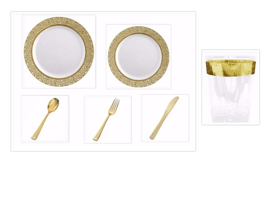 Inspiration White with Gold Lace Border 10" Dinner Plates + 7" Salad Plates + Cutlery + Cups *Party of 60*
