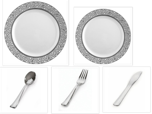 Inspiration White with Silver Lace Border 10" Dinner Plates + 7" Salad Plates + Cutlery *Case of 120*