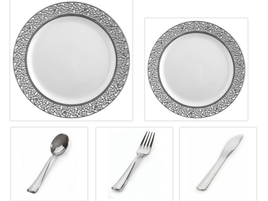 Inspiration White with Silver Lace Border 10" Dinner Plates + 7" Salad Plates + Cutlery *Party for 60*