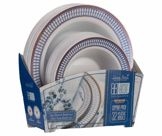 Midnight Blue Collection Combo Pack - White w/Blue & Rose Gold Border Soup and Dessert Bowls, 32 count