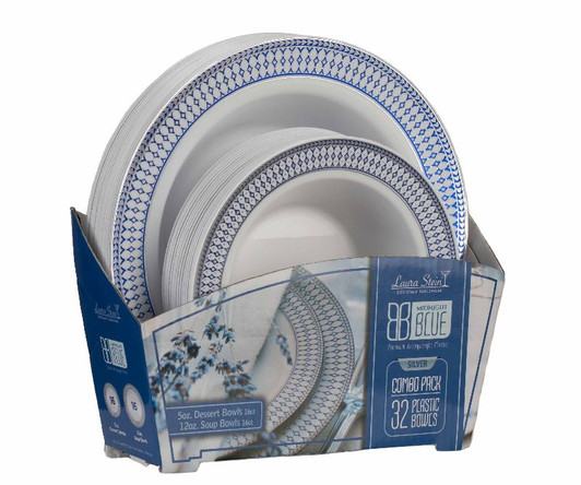 Midnight Blue Collection Combo Pack - White w/Blue & Silver Border Soup and Dessert Bowls, 32 count