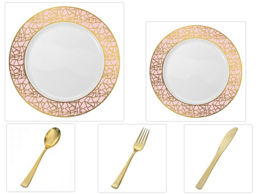 Mosaic Collection White w/Pink and Gold Border China-Like Plastic 10.25" Dinner Plates + 7" Salad Plates + Cutlery *Party for 16*