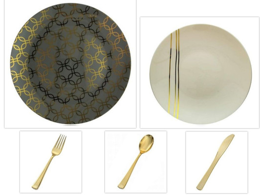 Motif Design Collection Gray w/Gold Geometric Overlay 10.25" Dinner Plastic Plates + Cream w/Gold Streaks 8" Salad Plastic Plates + Gold Cutlery *Party of 120*