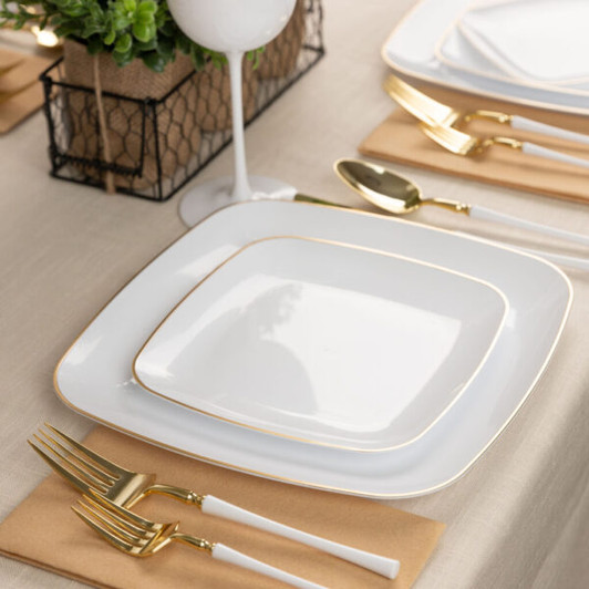 Organic Square Plastic Plates White/Gold Rim Combo 7.25" & 10" 128 Count