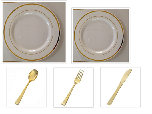 Plexware Collection White w/Gold Band China-Like Plastic 10" Dinner Plates + 7" Salad Plates + Cutlery *Party for 20*