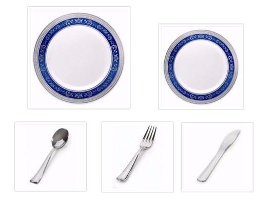Royal Collection White w/ Blue and Silver Royal Border 10.25" Dinner Plates + 7.25" Salad Plates + Cutlery *Party of 120*