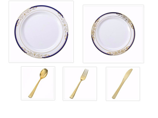 Signature Blu Collection White w/ Blue and Gold Victorian Style Border 10.25" Dinner Plates + 7.25" Salad Plates + Cutlery *Party of 100*