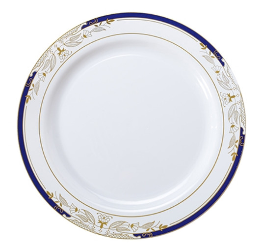 Signature Blu White w/ Blue and Gold Victorian Style Border 10.25" Plastic Dinner Plates *Case of 120*