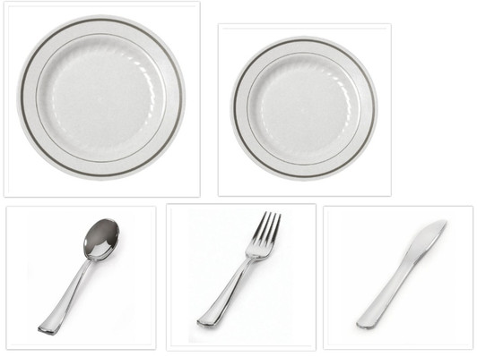 Silver Splendor 10 1/4" Dinner Plates + 7" Salad Plates + Cutlery *Party for 60*