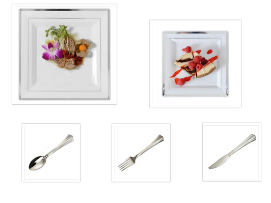 Silver Splendor Square White w/ Silver Band 10" Dinner Plates + 7.25" Salad Plates + Cutlery *Party for 40*