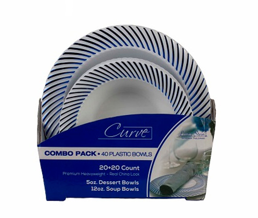 White & Cobalt Blue Curve Series Hot Stamp Combo Plastic Disposable Wedding Plates & Party Bowls Sets (40 Piece Set (20 Sets)