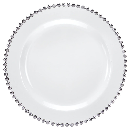 plastic plates silver beads white