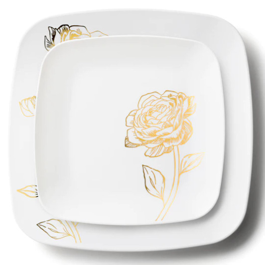 white & black peony floral plastic plates square