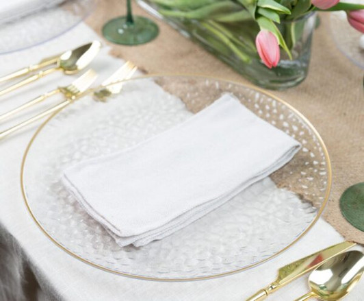 13" Plastic chargers clearw/ gold plates wedding