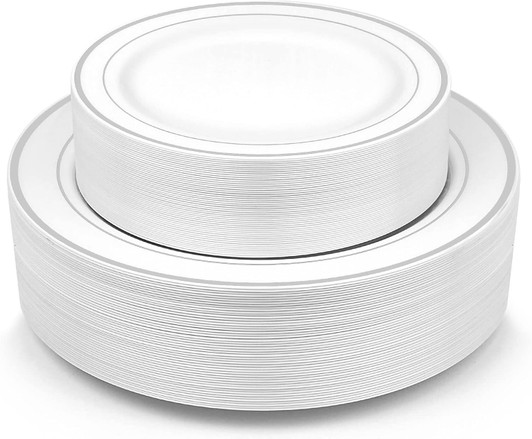 white w/ silver rim plastic plates combo