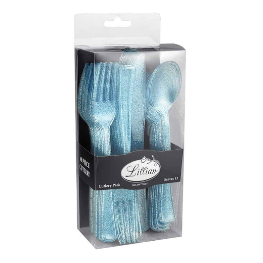blue glitter plastic forks, spoons knives