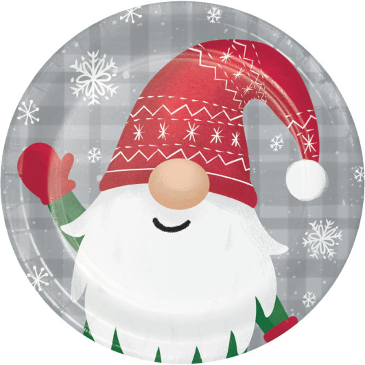 holiday gnomes 7" Christmas Dessert Paper Plates, 8 count