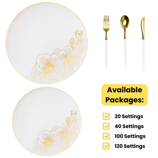 White / Gold Orchid Wedding Plastic Plates Party Bundle w/ White / Gold Plastic Cutlery