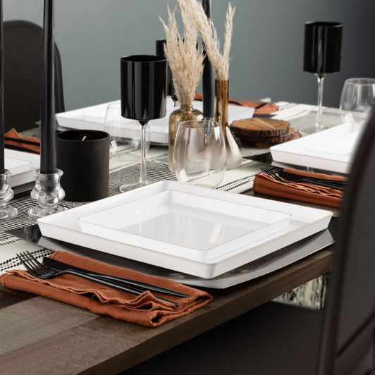 white w/ gold edge square dinner plates