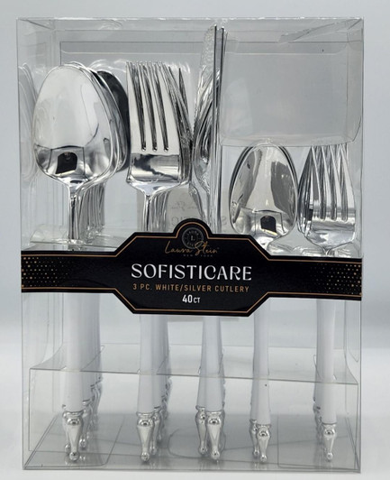 Sophisticare  Collection Two Tone  White / Silver Plastic Wedding Cutlery 40pcs.