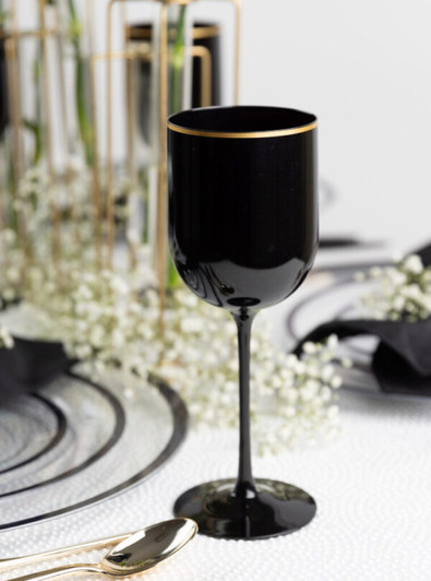 Wine Goblets Black w/ gold rim 12oz Plastic Wedding