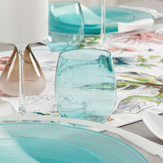 aqua w/ gold rim plastic wine stemless goblets