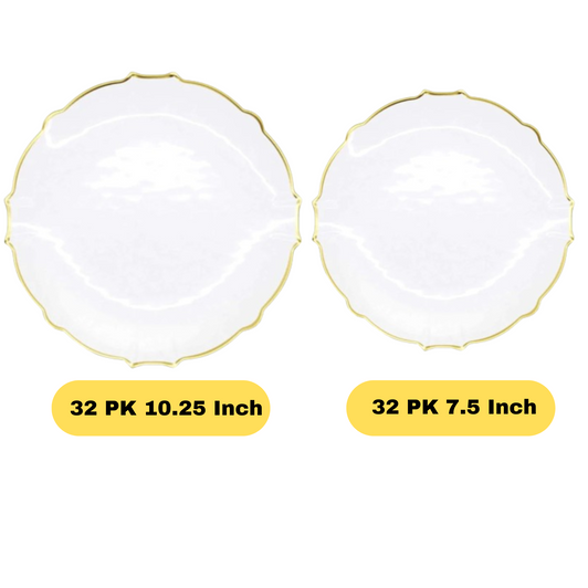Frosted White w/ Gold Border Hight Quality 10.25" Dinner & 7.5" Salad Plastic Party Plates, Pack of 64