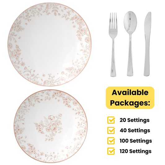 White / Pink Toile Wedding Plastic Plates Party Bundle w/ Silver Plastic Cutlery