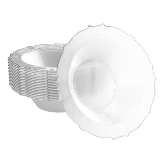 Clear w/ Silver Border 12 Oz Plastic Party Petal Bowls - 20 Count