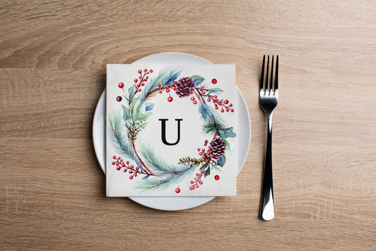 Disposable Paper Cocktail Napkin With Holiday Watercolor Flower Monogram "U" - Pack of 20