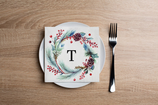 Disposable Paper Cocktail Napkin With Holiday Watercolor Flower Monogram "T" - Pack of 20