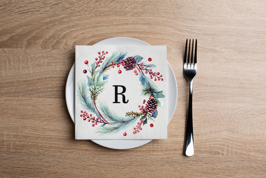 Disposable Paper Cocktail Napkin With Holiday Watercolor Flower Monogram "R" - Pack of 20