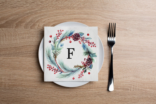 Disposable Paper Cocktail Napkin With Holiday Watercolor Flower Monogram "F" - Pack of 20