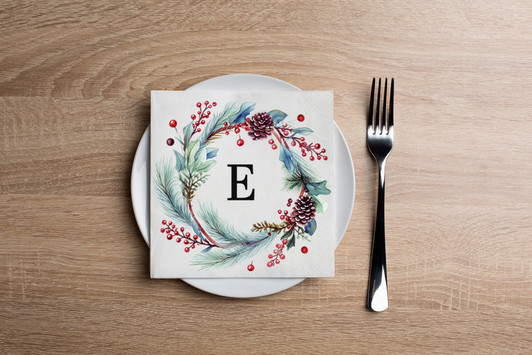Disposable Paper Cocktail Napkin With Holiday Watercolor Flower Monogram "E" - Pack of 20