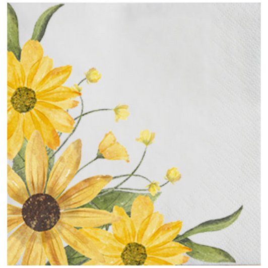 Yellow Watercolor Corner Flowers Disposable Airlaid Buffet / Cocktail Napkin - Pack of 20