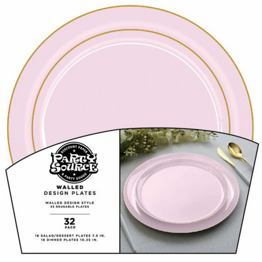 Elegant Round Walled New Blush w/ Gold Border Plastic 10.25" Dinner and 7.5" Salad Party Plate - 32 Count