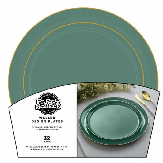 Elegant Round Walled Sage w/ Gold Rim Plastic 10.25" Dinner and 7.5" Salad Party Plates -  32 Count