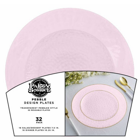 Elegant Solid New Blush Pebble w/ Gold Plastic 10.25" Dinner and 7.5" Salad Party Plates - 32 Count