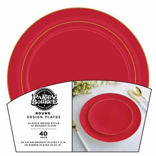 Elegant Round Red w/ Gold Border Plastic 10.25" Dinner and 7.5" Salad Party Plate Set - 40 Count