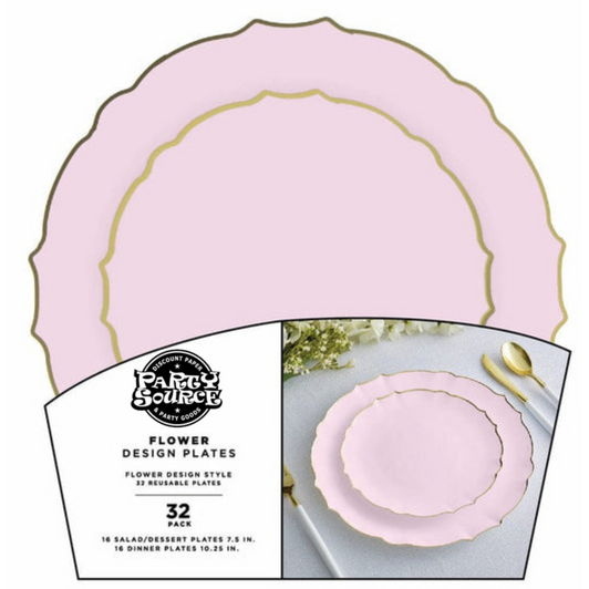 Elegant Blush Flower w/ Gold Border 10.25" Dinner and 7.5" Salad Plastic Party Plate Set - 32 Count