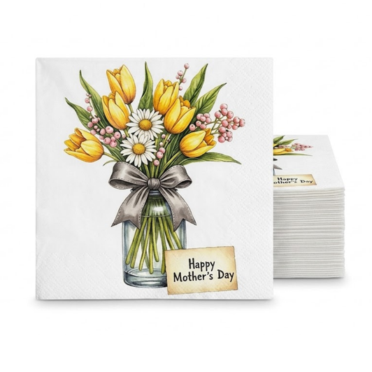 Happy Mother’s Day Luxury Linen-Feel Cocktail Napkins - Printed Airlaid Disposable Party Napkins, Soft & Elegant - 20 Pack