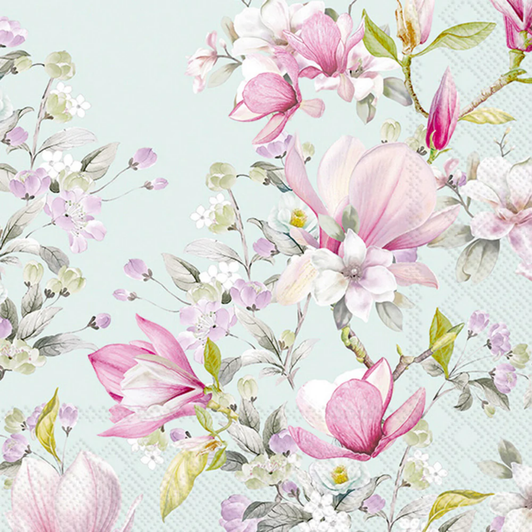 Boston International Romantic Magnolia Light Blue Cocktail Napkins, Soft 3-Ply Floral Paper Beverage Napkins for Drinks, Parties, Weddings & Entertaining