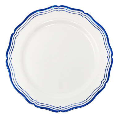 Vintage Enamel Dinner Plates Blue Rim Stripe White 8.8 Set of 2 13497