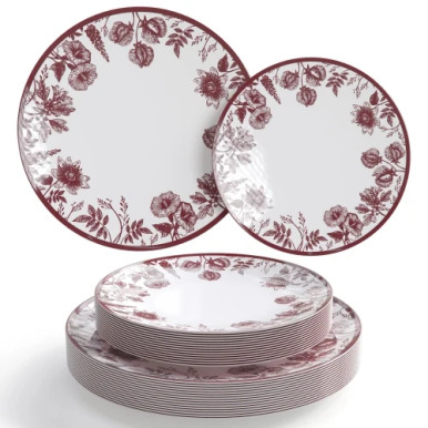 Vine Design Pink Floral w/ Ivory Plastic Dinner Plates 10ct