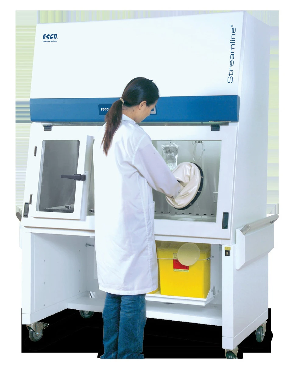Esco Streamline SLC-RABS compounding aseptic isolator, 4 ft, two oval gloveports, positive pressure, in use at standing work height