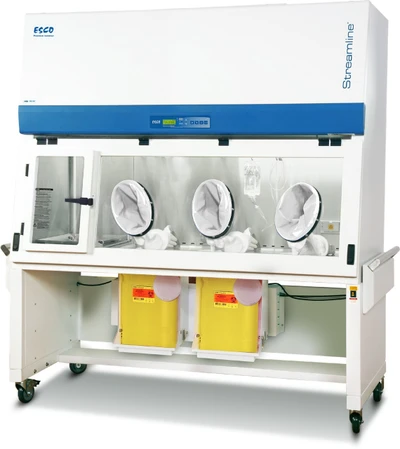 Esco Streamline SLC-RABS compounding aseptic containment isolator, 6 ft, three oval gloveports; this configuration ships with a plain work tray Cabinet pictured is a positive-pressure unit; the cabinet is identical across pressure schemes.