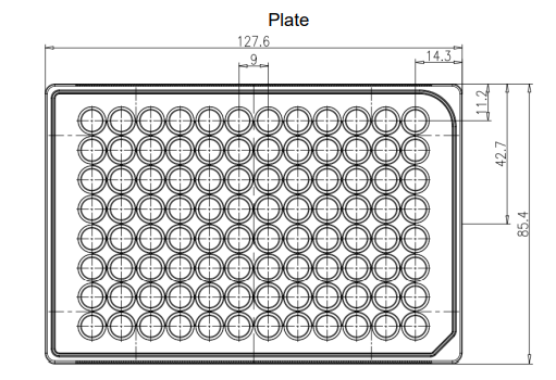 Technical drawing of the SPL 96-well plate showing precise dimensions.