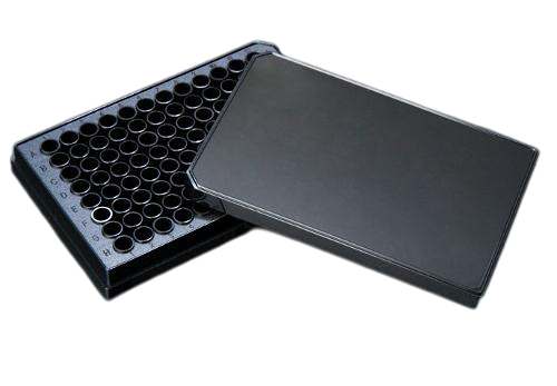 A black 96-well cell culture plate with a round bottom.