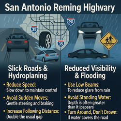 Essential facts and proven strategies for handling slick roads, hydroplaning, reduced visibility & flooding risks on San Antonio highways this rainy season.
